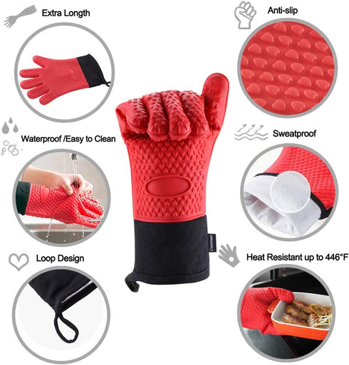 Comsmart BBQ Gloves, Heat Resistant Silicone Grilling Gloves, Long Waterproof BBQ Kitchen Oven Mitts with Inner Cotton Layer for Barbecue, Cooking...