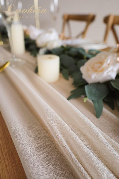 Lookein 10 Feet Champagne Chiffon Table Runner Sheer Wedding Table Cloth 29x120 Inches Rustic Wedding Decorations French Chiffon Table Runner...