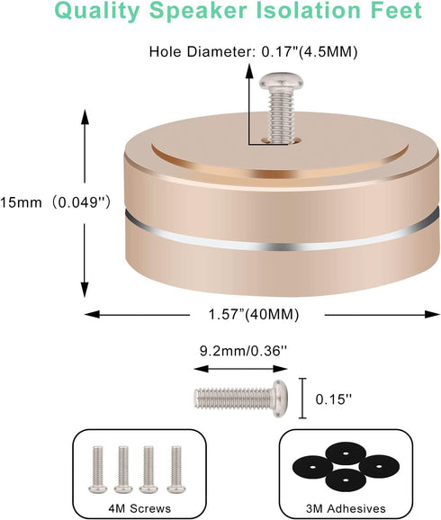 Monosaudio Speaker Isolation Feet 4 Pcs 40x15mm Aluminum Feet Subwoofer Isolation Feet with Non-Slip Rubber Rings/Adhesive/M4 Screws for Audio,Spe...
