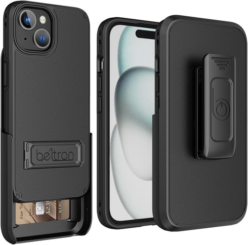 BELTRON Case Holster Combo for iPhone 15, Slim Protective Full Body Grip Case & Swivel Belt Clip 3 in 1 Combo with Kickstand/Card Holder Compatibl...
