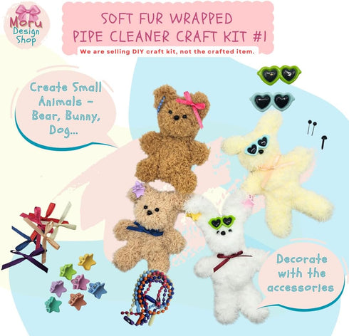 Moru Fur Pipe Cleaner Craft Kit #1, Soft, thick, long Teddy fur-wrapped stem wire for DIY art & craft. with decorative accessories (Eyes/Nose/Ribb...