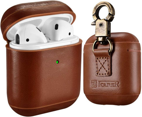 AirPods Leather Case, ICARER Genuine Leather AirPod case with Keychain and Led Light for Apple AirPods 2 Case & Airpods 1, Support Wireless Chargi...
