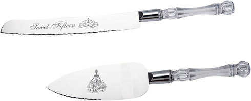 Sweet Fifteen 15 Quinceanera Cake Serving and Knife Set, Mis Quince Años Birthday Cake Cutting Set, Feliz 15 Anos Decoration, Acrylic Handle, Stai...