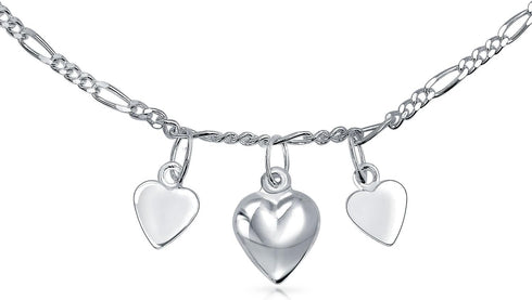 Multi Flat Puff Station Dangle Hearts Charm Anklet Ankle Bracelet For Women Teen Beaded Ball Figaro Chain Rose 14K Yellow Gold Vermeil .925 Sterli...