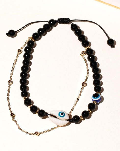 Summer Beach Shell Anklet Jewelry Protection Evil Eye Beaded Natural Obsidian Ankle Bracelets for Women Layered 14k Gold Plated Foot Chain 6mm...