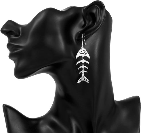 Sterling Silver Plated Earrings Drop Dangle Fish Hook Fish Bones .68" L383...