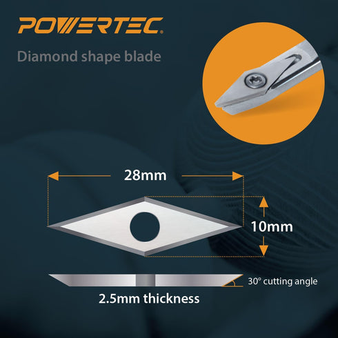 POWERTEC 6 Pcs Tungsten Carbide Cutter Insert Set for Wood Lathe Tools with 11mm Flat Square, 12mm Round & 10 x 28mm Diamond, Blade Replacement fo...