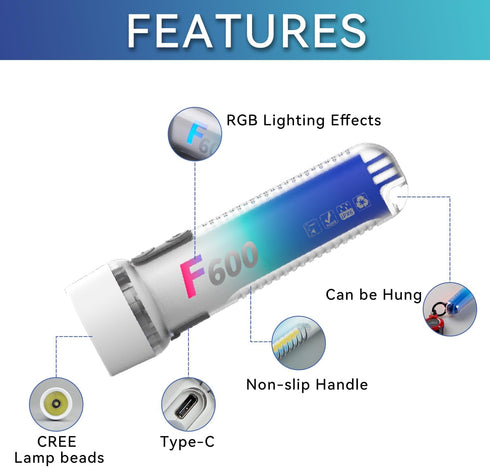 Rechargeable RGB Flashlight, Super Bright LED Flash Light Battery Powered with 9 Modes & IPX7 Waterproof, Powerful Handheld Flashlight for Emergen...