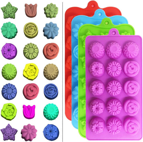 4 PACK Flower Shape Chocolate Candy Molds Set,DanziX Silicone 15 Cavity Baking Mold Ice Cube Tray for Wedding,Festival,Parties and DIY Crafts-Gree...