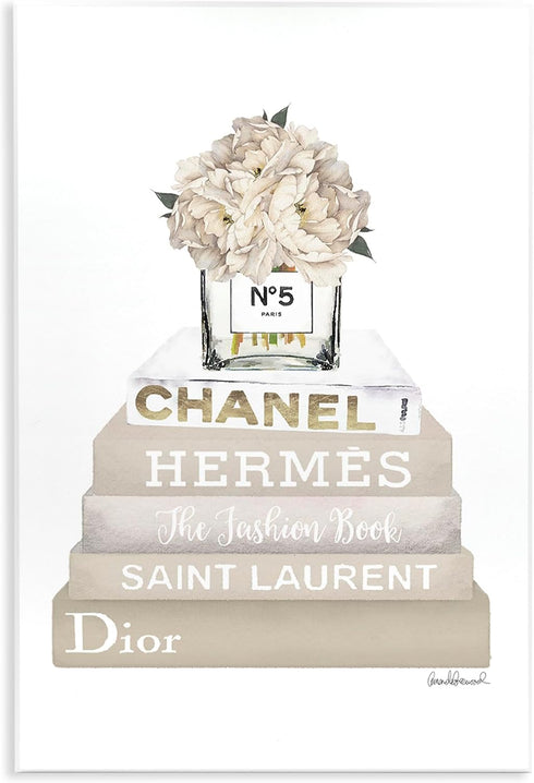 The Stupell Home Décor Collection High Fashion Bookstack with Tan Flowers Wall Plaque Art, 10 x 15, Multi-Color...