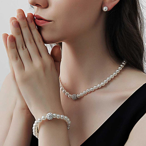 Brishow Wedding Pearl Necklace Set Silver Bridal Crystal Necklaces Earrings Bracelet Sets Rhinestone Brides Necklace Chain Jewelry Sets for Women ...