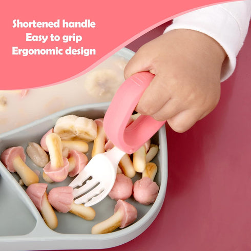 Baby Self Feeding Training Spoon and Fork Set with Travel Case, BPA-Free Cute Circle Toddler Training Utensils, Silicone/ABS Great Tableware Set S...