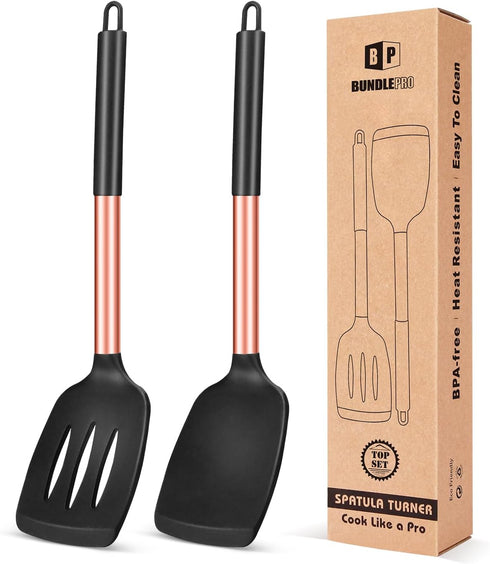Pack of 2 Silicone Solid Turner, Non Stick Slotted Kitchen Spatulas, High Heat Resistant BPA Free Cooking Utensils, Ideal Cookware for Fish, Eggs,...