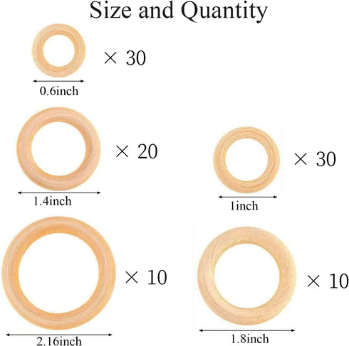 100 Pcs 5 Sizes Natural Wood Rings for Crafts, Unfinished Smooth Wooden Ring for Macrame, Wood Circles for Craft, DIY Ring Pendant and Connectors ...