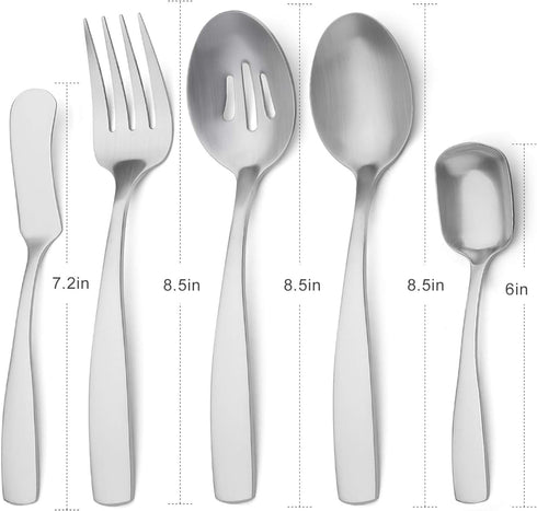 Serving Utensils Set, Matte Silver 5-Piece Hostess Set, Stainless Steel Silverware Flatware Cutlery Serving Set, Satin Finish, Dishwasher Safe...
