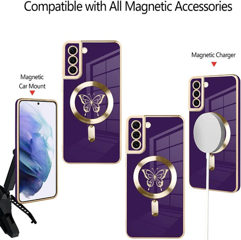 Fiyart Designed for Samsung S21 Compatible with Magnetic Wireless Charging,Cute Butterfly Phone Case with Camera Lens Protection for Women Girls M...