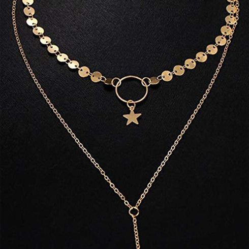 Bohemia Layered Choker Necklace Gold Disc Choker Star Choker Lariat & Y Necklace Bar Pendant Necklace for Women and Girls(Gold)...