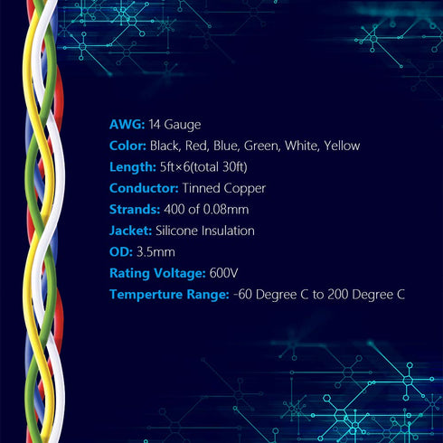 14 Gauge Electrical Wire Silicone Cables Hook up Wire Kit 6 Colors 5Ft Each 14 AWG Stranded Wire from Fermerry...