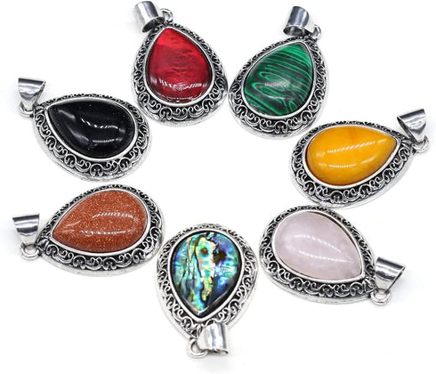 LHJ 4 Pcs Natural Stone Pendants Waterdrop Shape Mixed Crystal Agate Stone Charms Hollow Alloy Base for Jewelry Making Necklace Earrings...