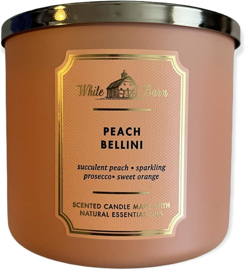 Bath and Body Works White Barn 3 Wick Scented Candle Peach Bellini with Essential Oils 14.5 Ounce...