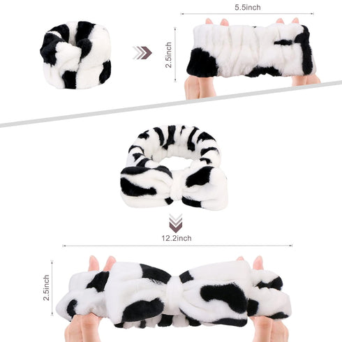 3 Pack Spa Headband and Wrist Washband Face Wash Set,Reusable Soft Makeup Headband Fleece Skincare Headbands for Washing Face Shower (Narrow Cow)...