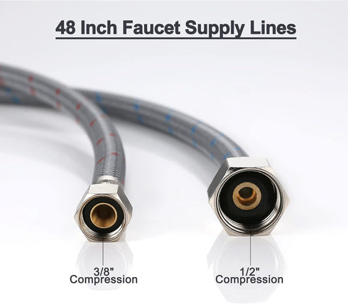 Water Supply Lines, ARCORA 48” Inch Sink Hose Attachment for Faucet Braided Nylon Faucet Supply Lines 3/8“ Comp to 1/2” Comp (1 Pair)...