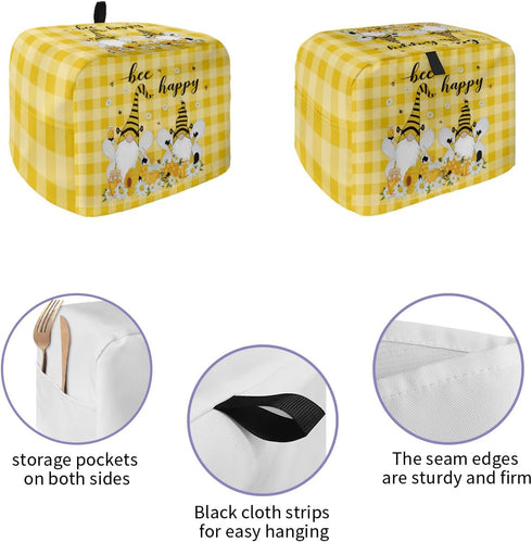 Toaster Cover 2 Slice, Bee Honey Gnomes Daisy Flower on Yellow White Buffalo Plaid Bread Maker Cover Toaster Dust Cover with Pockets, Dust-Proof C...