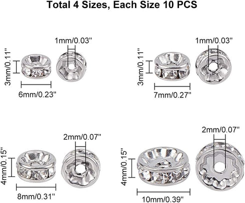 UNICRAFTALE 40pcs 4 Sizes 6mm/7mm/8mm/10mm Disc Spacer Beads 316 Stainless Steel with Clear Crystal Rhinestone Beads Flat Round Bead Spacer for Je...