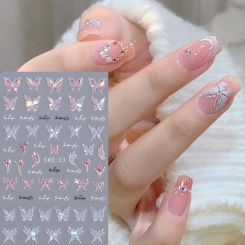 Shiny Pink Butterfly Nail Art Sticker Butterfly Nail Decals 3D Self-Adhesive Nail Art Supplies Laser Glitter Butterflies Nail Design Stickers for ...