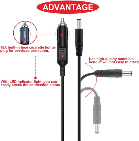 3Pcs 12V Car Adapter Compatible Car Charger with 10A fuse,5.9FT 24AWG Extension Cable,connectors for Snailax Back Massage Cushion,Sylvania,RCA DVD...