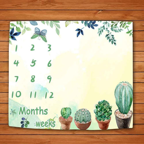 Baby Monthly Milestone Blanket, Green Cactus Butterfly Leaves Baby Memory Blanket Newborn Growth Chart Baby Age Blanket, 48x40 Inch Nursery Baby S...