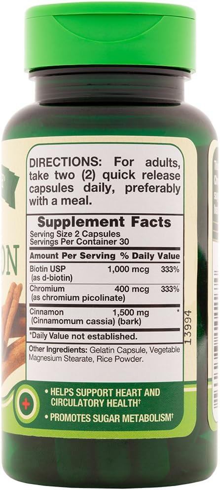 Ceylon Cinnamon Capsules | 2500mg | 60 Count | Vegetarian, Non-GMO & Gluten Free Supplement | Plus Chromium and Biotin | by Nature's Truth...
