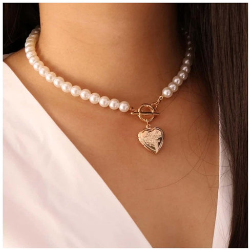 Vintage Pearl Choker Necklace Gold Circle T Bar Necklace Bohemia Heart Necklace Love Heart Pendant Necklace Chain Jewelry for Women and Girls (Hea...