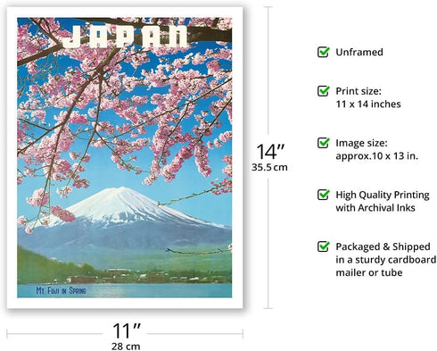 Japan - Mount Fuji in Spring - Cherry Tree Blossoms - Vintage Travel Poster c.1960s - Fine Art Matte Paper Print (Unframed) 11x14in...