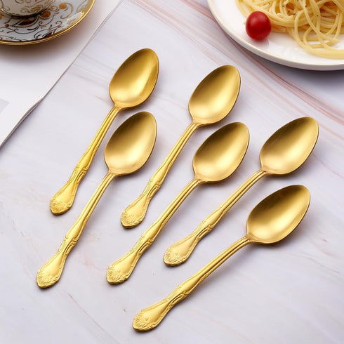 Matte Gold Dinner Spoons, FULLYWARE Stainless Steel Satin Finish Soup Spoon Table Spoon Set of 6, Rose Pattern Design, Dishwasher Safe...