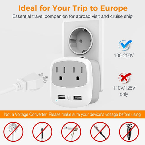 European Travel Plug Adapter Converter, TESSAN International Power Plug Converter with 2 USB, Type C Outlet Adaptor Charger for US to Most of Euro...