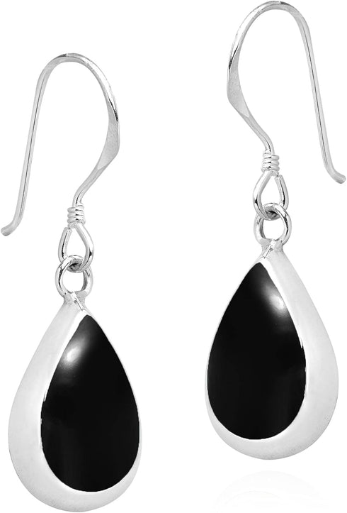 AeraVida Elegant Teardrops of Simulated Black Onyx Stone Inlay .925 Sterling Silver Dangle Earrings | Black Onyx Earrings | Silver Teardrop Dangle...