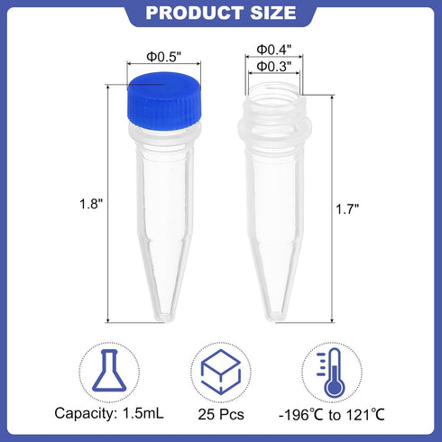 PATIKIL 1.5ml Plastic Cryogenic, 25Pcs Cryogenic Vial Screw Top Frozen Test Tube for Lab Laboratory Science, Blue Cap...