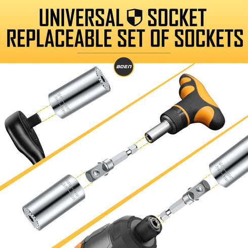 boen Super Universal Socket Tool Set Gifts for Men | Self-adjusting Fits (7mm-19mm) with Power Drill Adapter | Christmas Fathers Day Ideal Gift St...
