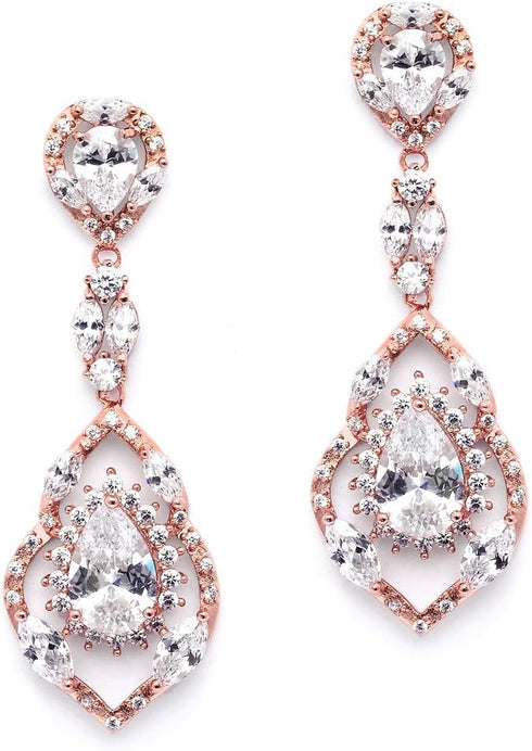 Mariell Gorgeous 14K Rose Gold Plated CZ Chandelier Dangle Wedding Earrings - Blush Bridal & Prom Jewelry...