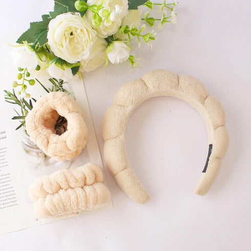 3PCS Spa Headband and Wristband Set, Sponge Headband for Washing Face Soft Puffy Headband Padded Hairband Facial Skincare Makeup Headbands for Wom...
