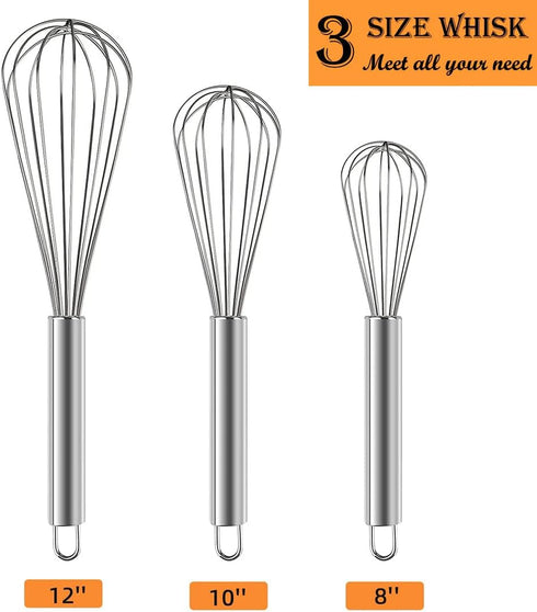 Stainless Steel Whisk Set, 3 Packs Balloon Whisk for Cooking, Whisking, Blending (8",10",12")...