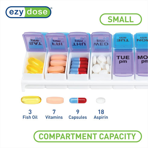 Ezy Dose Weekly (7-Day) AM/PM Pill Organizer, Vitamin and Medicine Box, Small Pop-out Compartments, 2 Times a Day, Blue and Purple Lids...