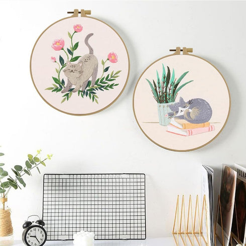 Esffaci Embroidery Starter Kit for Adult Beginner with Sleepy Cat Plant Books Pattern Stamped Cross Stitch Set with Embroidery Cloth Hoop Needle T...