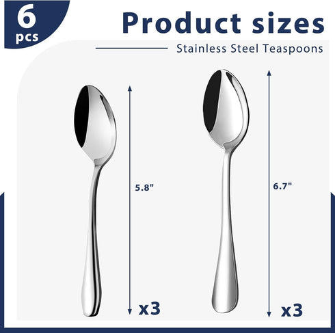 HANSGO 6PCS Stainless Steel Teaspoons, Dessert Spoons Silverware Spoons for Home Kitchen Restaurant, Square or Round Handle...