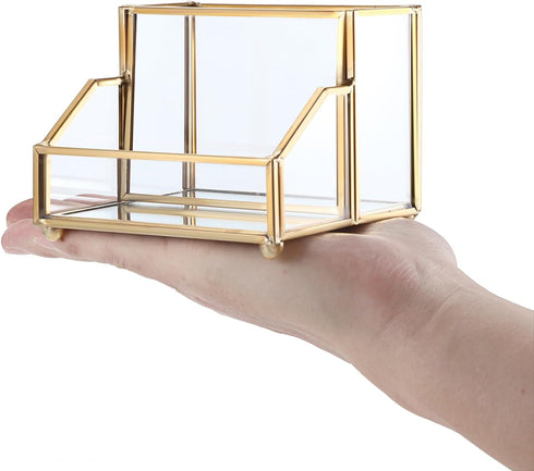 Hipiwe Glass Business Card Holder Stand with Pen/Pencil Organizer Gold Business Name Cards Display Holder for Home Office Desktop Countertop, 2 Sl...