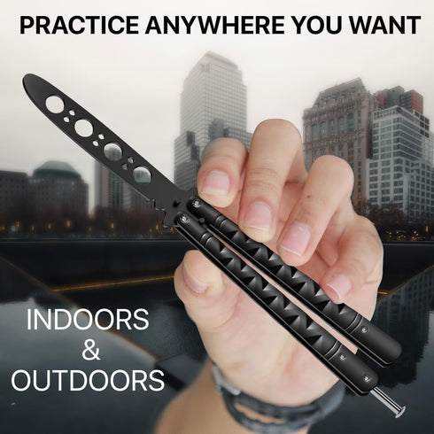 GOOD WORKER Practice Butterfly Knife – Butterfly Trainer – Black Butterfly Knives NOT Real NOT Sharp Blade – Black Dull Trick Butterfly – Butter F...