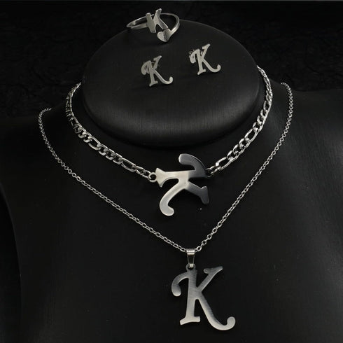4 Pack Stainless Steel Initial Jewelry Sets for Women Silver Rings Bracelet Earrings Pendant Necklace Uppercase Choker Chain Ear Studs Jewelry Gif...