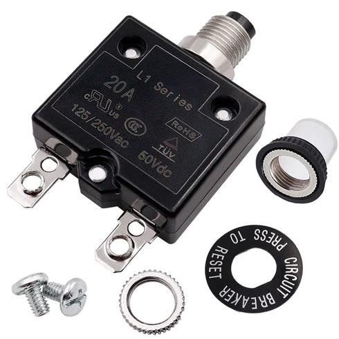 smseace 20Amp Electric Button Breaker 125/250VAC,Thermal Overload Protector L1 Series with Quick Connect Terminals and Waterproof Button Cap L1-ls...