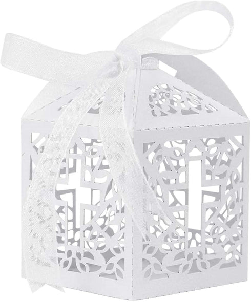 VIVIQUEN Baptism Favor Boxes, Laser Cut Cross Favor Boxes with 50 Ribbons for Baby Shower, Christening, Bomboniere Wedding Party Decorations (Pure...